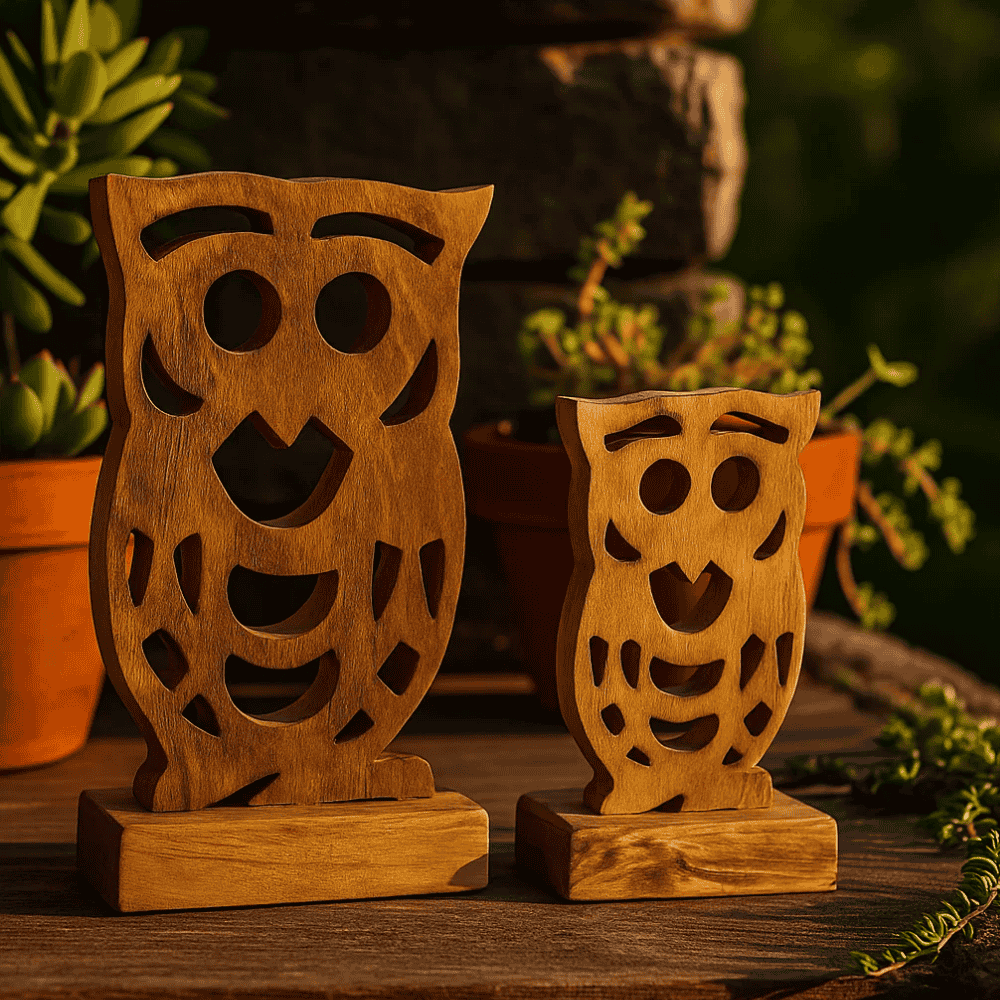 Rustic Wooden Owl Decoratives – Handcarved Tabletop (Set of 2)