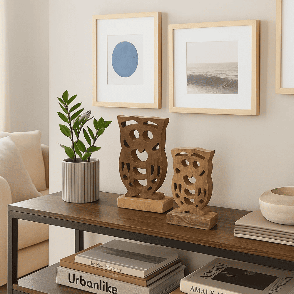 Rustic Wooden Owl Decoratives – Handcarved Tabletop (Set of 2)