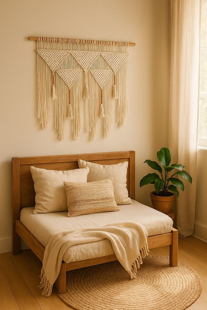 Cream hand-knotted macrame wall hanging with leaf motif and fringe – boho cotton decor for bedroom or hallway

