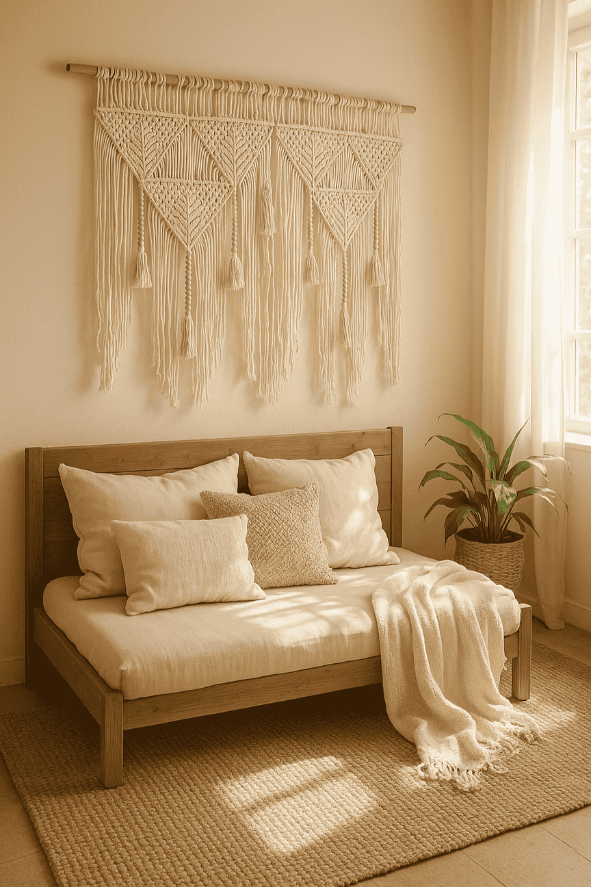 Cream hand-knotted macrame wall hanging with leaf motif and fringe – boho cotton decor for bedroom or hallway

