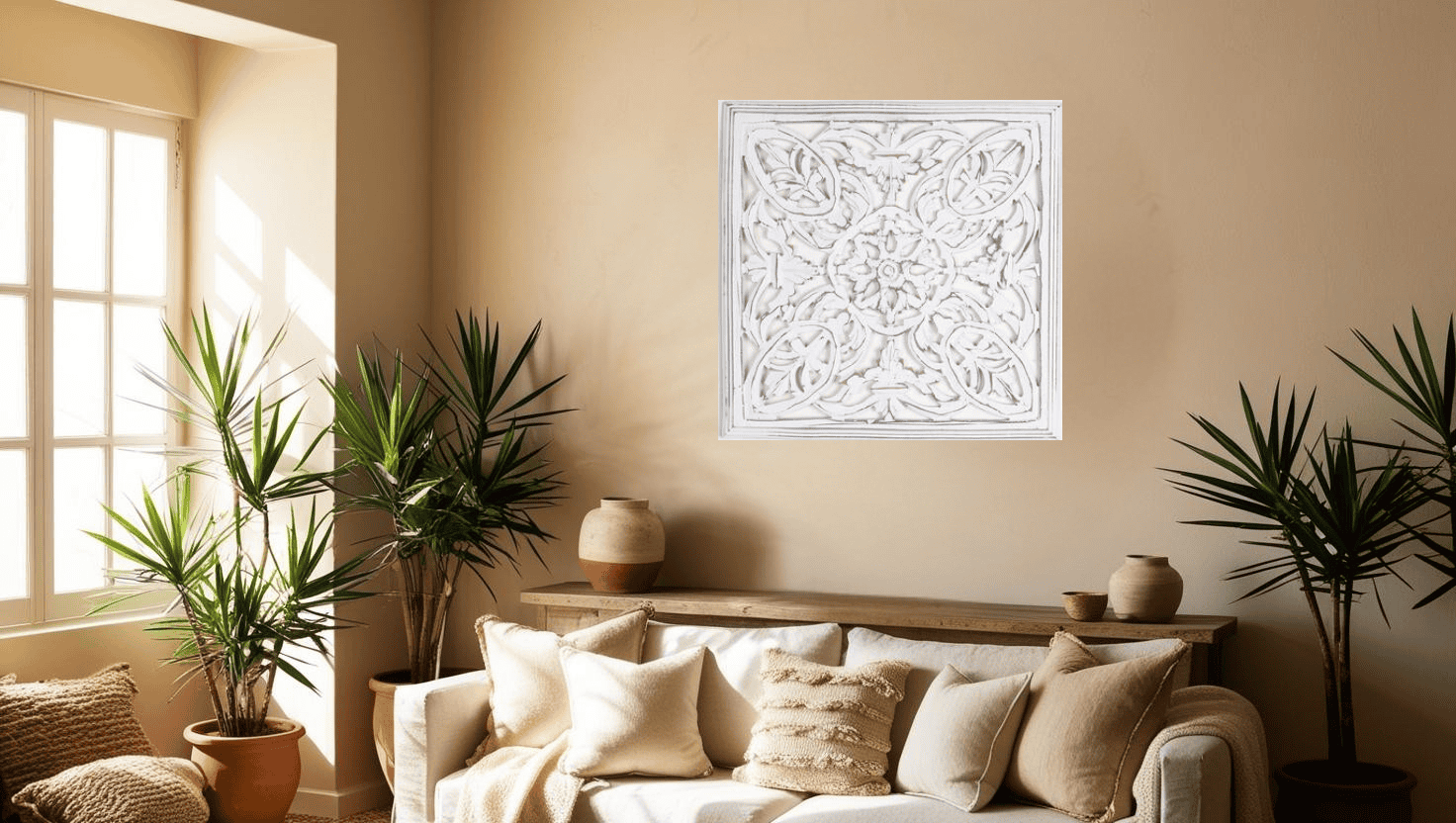 White medallion wall plaque with distressed finish – boho MDF wall decor for living room or bedroom