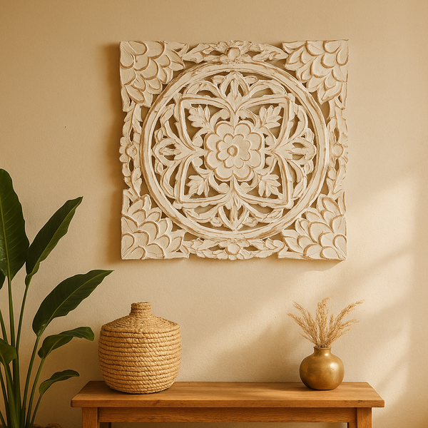 Floral Medallion Wall Plaque | White Carved MDF Boho Decor