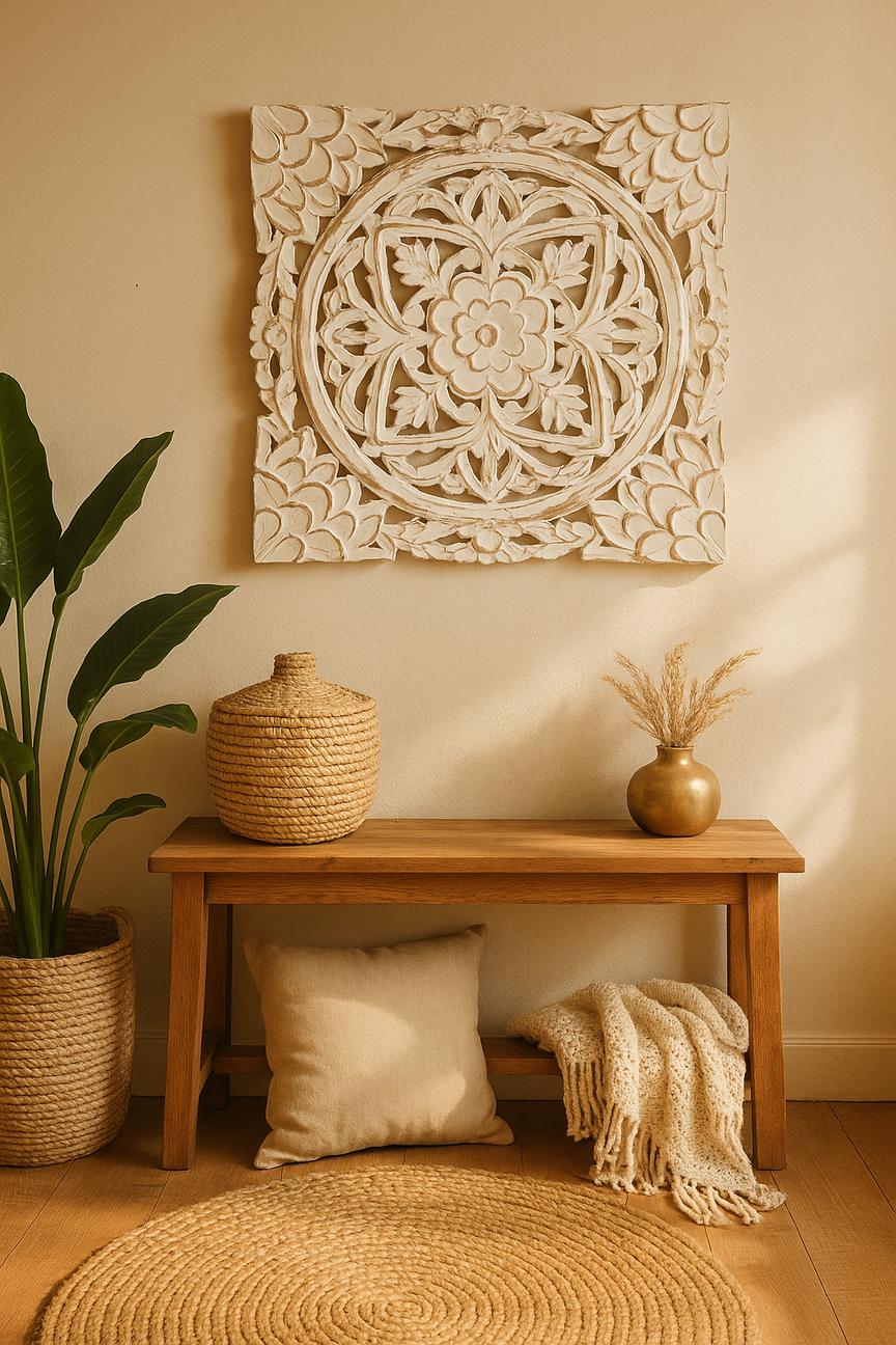 White medallion wall plaque with floral carving and distressed finish – vintage boho wall decor for bedroom or hallway