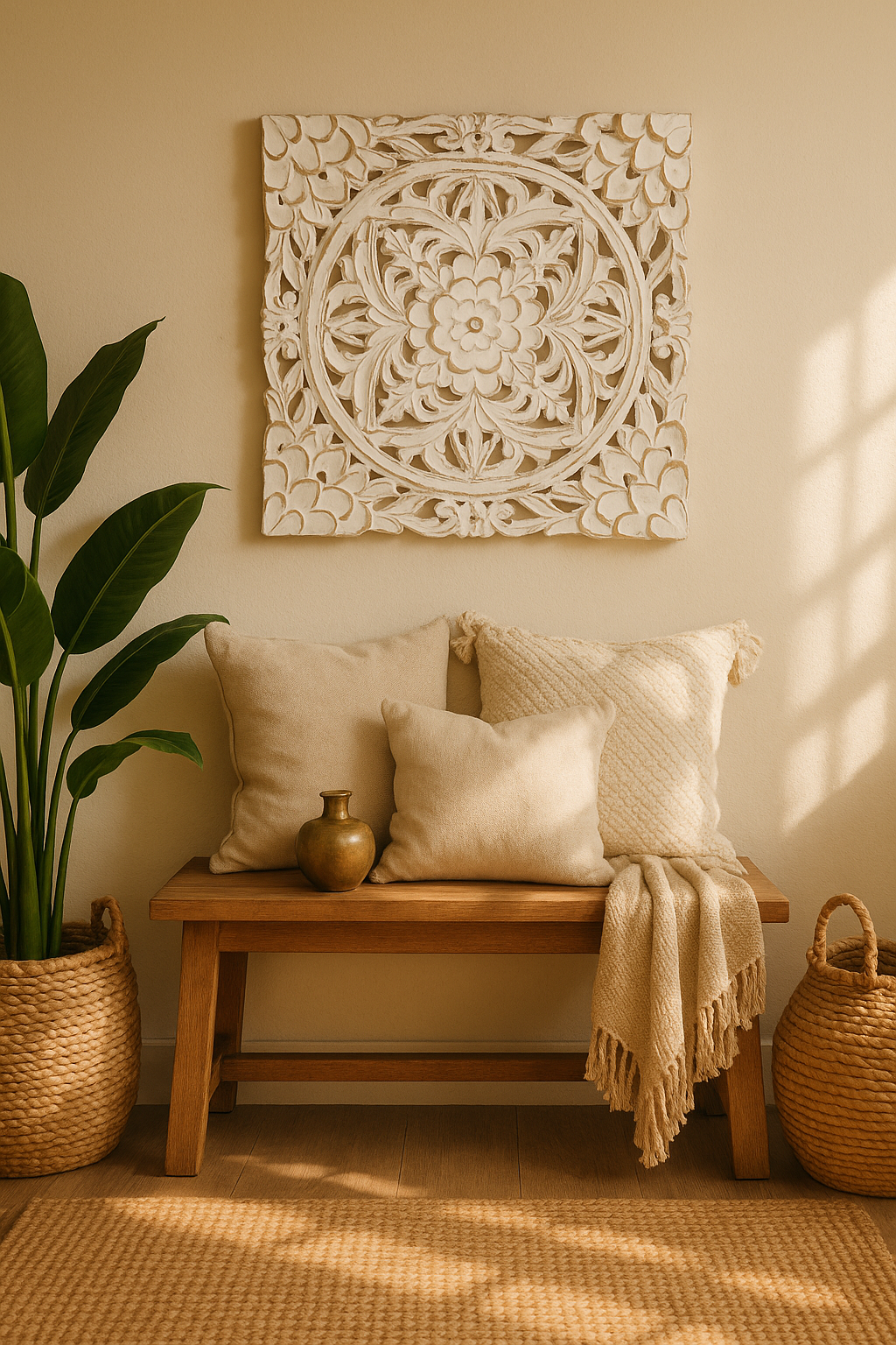 White medallion wall plaque with floral carving and distressed finish – vintage boho wall decor for bedroom or hallway