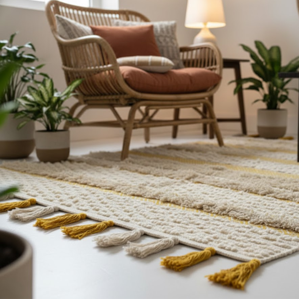 Handwoven & Tufted Tuscan Rug – Artisan Cotton Rug with Jacquard Weave, Tufts & Tassels