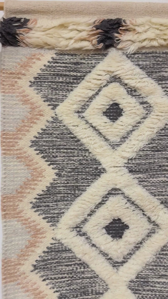 Tufted cream and brown wool wall hanging with layered fringe – handmade boho wall decor for bedroom or living room